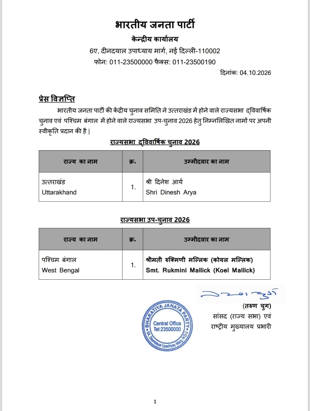 Rajya Sabha elections: BJP announces two candidates