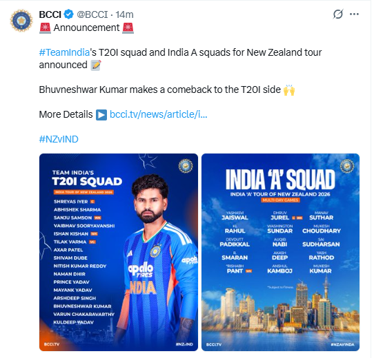 India T20I team announces return of Bhuvneshwar Kumar for New Zealand tour